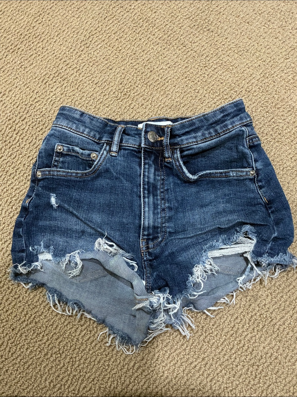 Zara Dark Blue Frayed Hem Denim Shorts